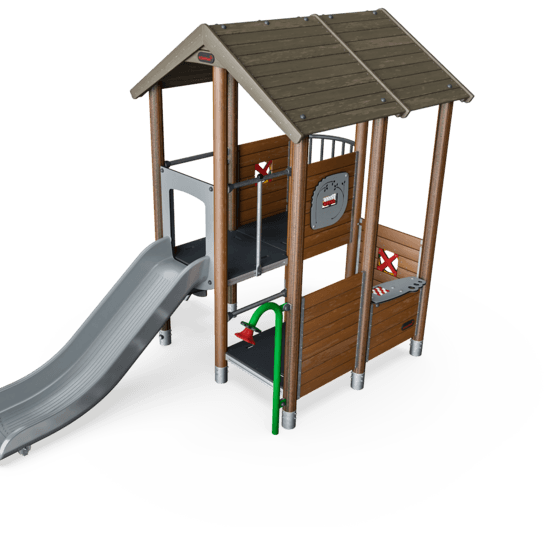 Multi Deck Playhouse with Roof, Wood Posts, Plastic Slide