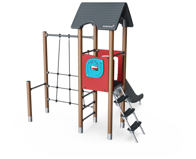 Play Tower with Climbing Net Red Color and Wood Posts2